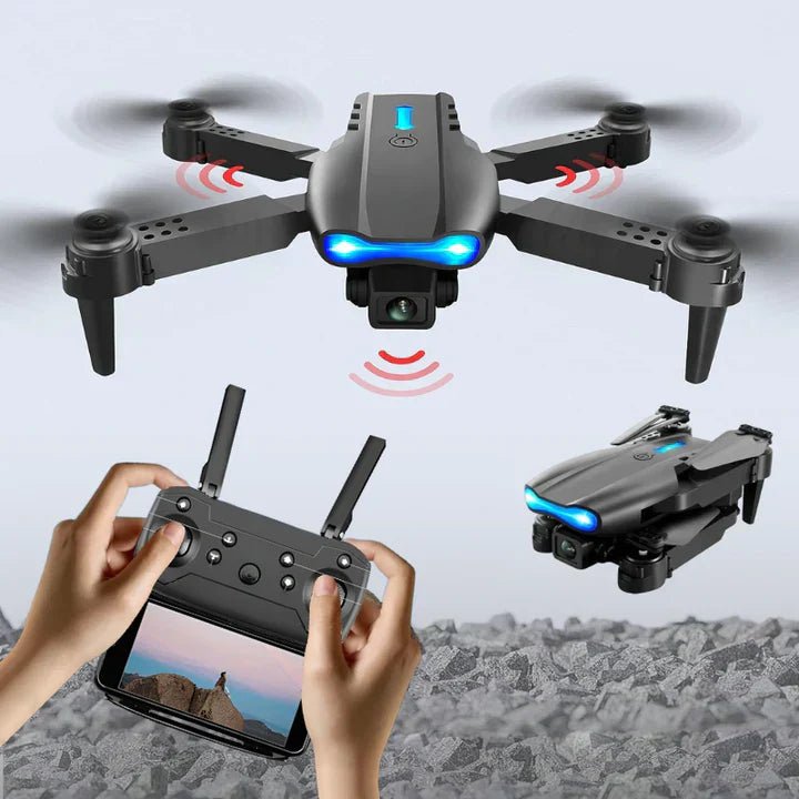 Dual 4K camera drone in black with GPS navigation, foldable design, and 20 minutes of flight time. 0